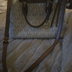 Michael Kors Monogrammed Gray and Brown Shoulder Bag
